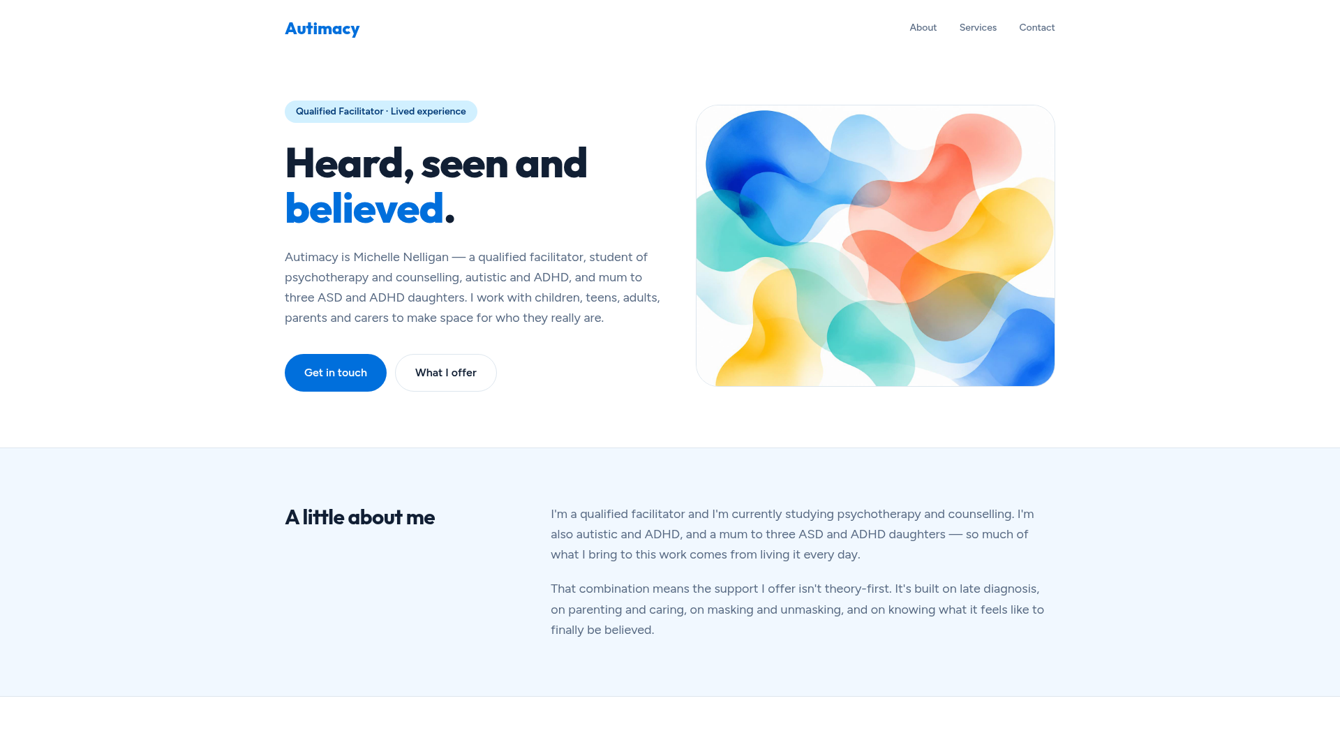 Autimacy website homepage showing a warm, accessible design with colourful hero shapes and clear navigation